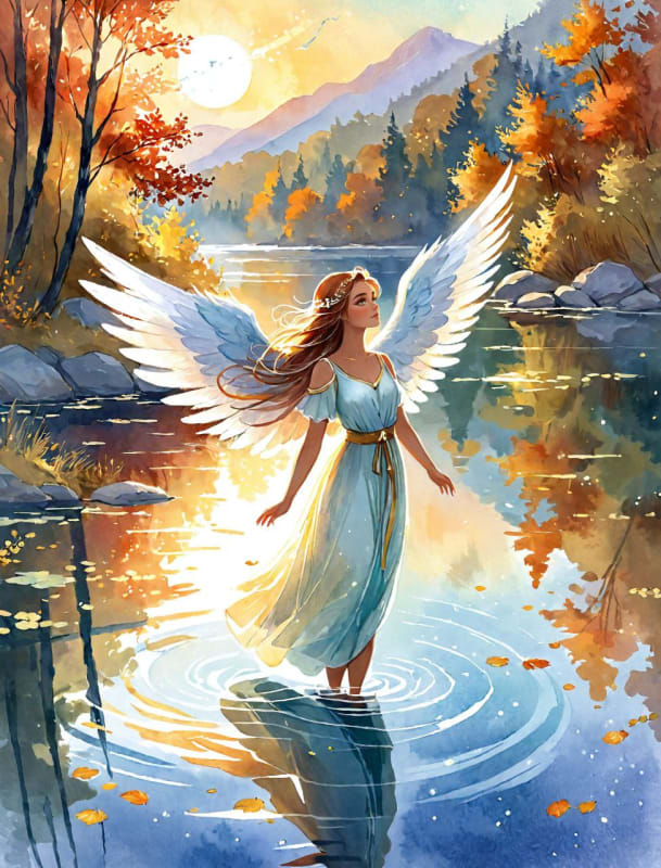 Ethereal Angel Floating Above Tranquil Lake at Dawn thumbnail 4