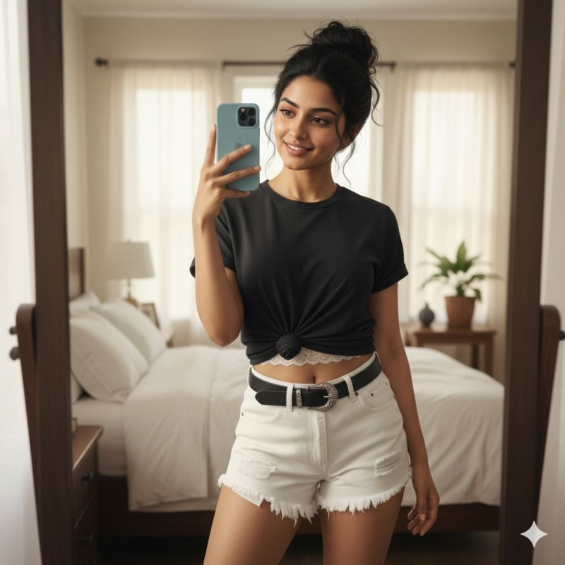 Casual Bedroom Mirror Selfie: Tied Tee & Denim Shorts - view 1
