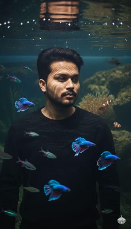 Cinematic Aquarium Portrait: Submerged Man & Goldfish - view 1