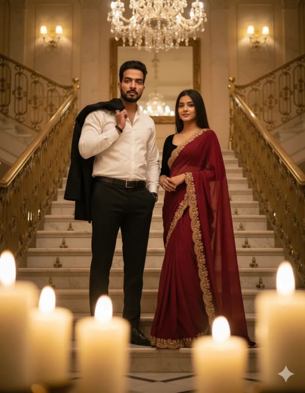 Elegant Couple on Marble Staircase: Cinematic Romance - view 1