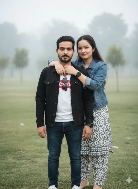 Romantic Couple Portrait in Foggy Park - AI Generated Image thumbnail 2