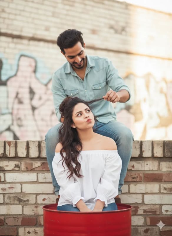 Playful Couple Portrait in Urban Rustic Setting thumbnail 2