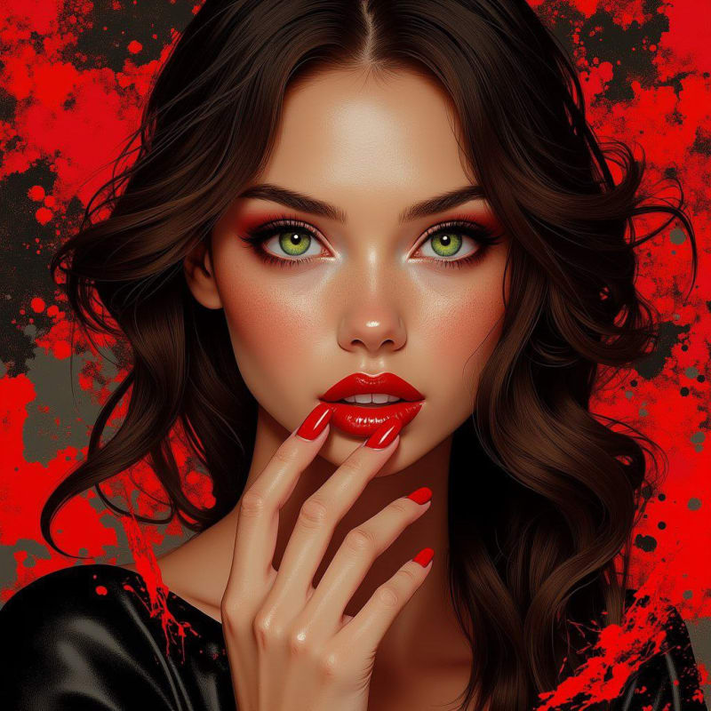 Striking Portrait: Red Nails, Green Eyes & Colorblind Art - view 1