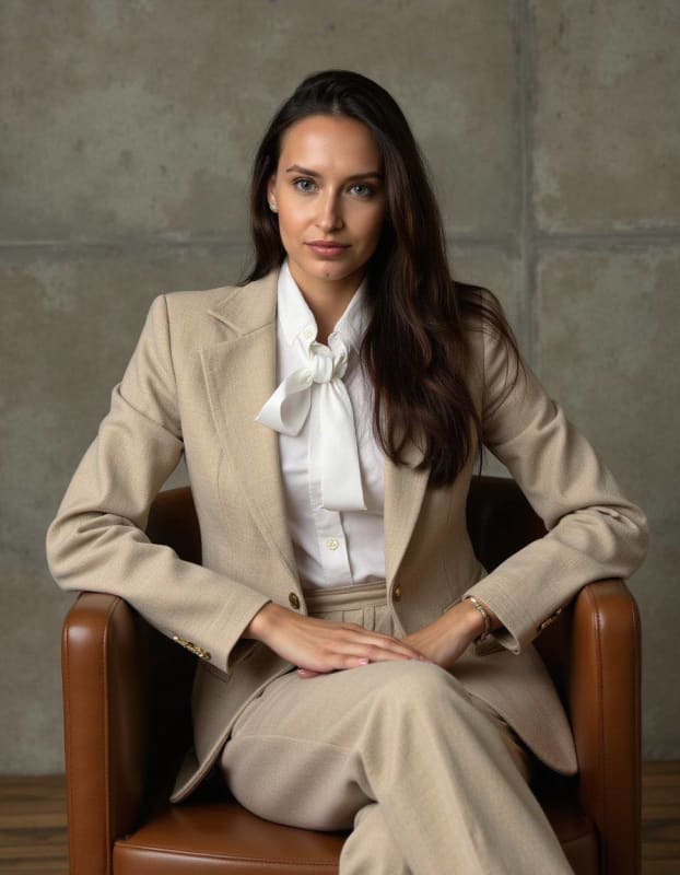 Editorial Portrait of Slavic Woman in Beige Suit - view 1