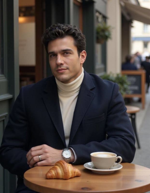 Parisian Cafe Portrait: Man in Navy Coat - view 1