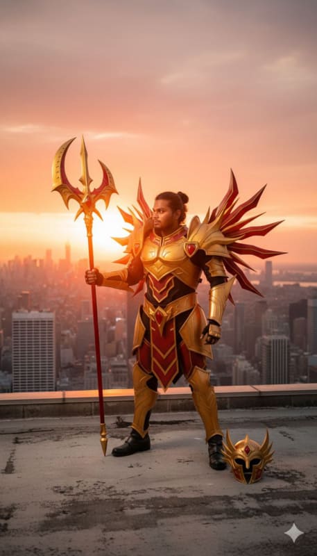 Golden Saint Warrior on City Rooftop - view 1