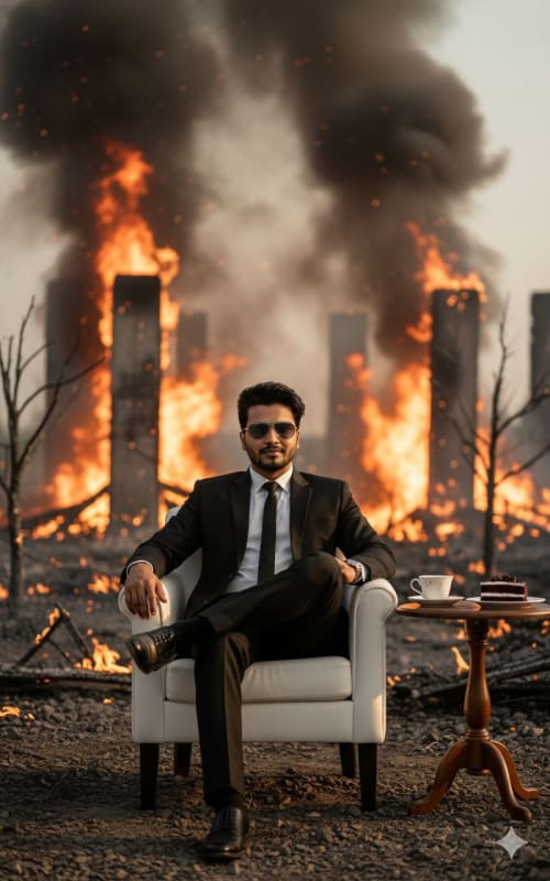 Surreal Calm: Man in Suit Amidst Burning Landscape - AI Art Prompt - view 1