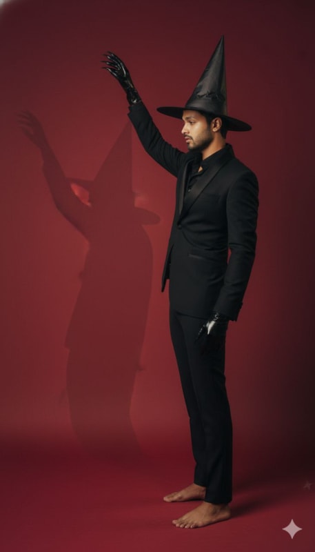 Eerie Elegance: Black Tuxedo and Witch Hat Editorial Portrait thumbnail 4
