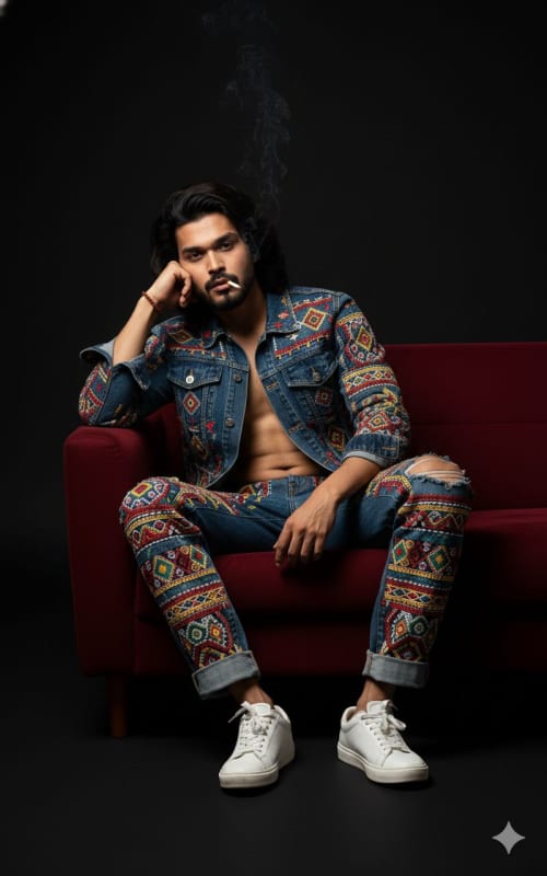 Bearded Model in Embroidered Denim: High-Fashion Studio Portrait thumbnail 2