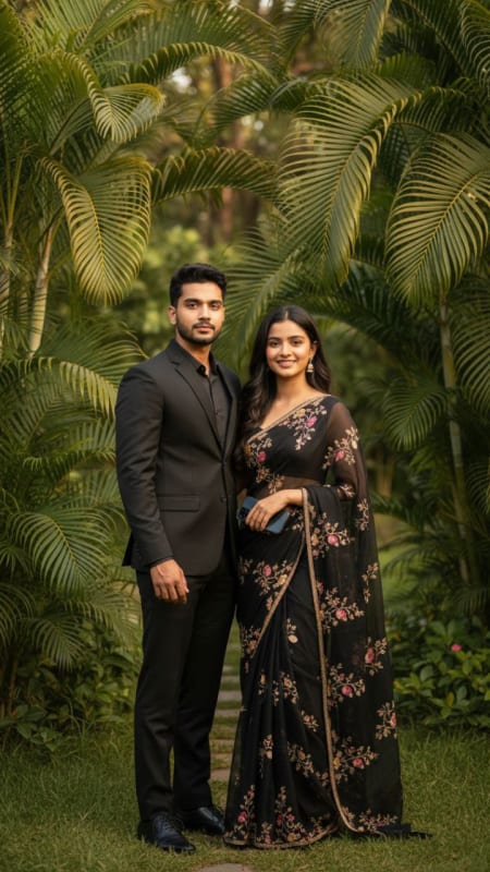 Elegant Couple in Black Formal Wear: Tropical Portrait thumbnail 4