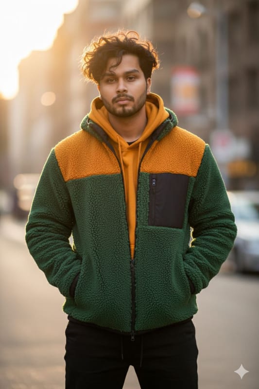 Streetwear Photography: Color-Blocked Teddy Sherpa Jacket - view 1