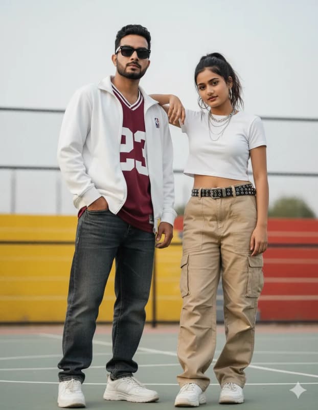 Urban Streetwear Couple on Basketball Court AI Prompt - view 1