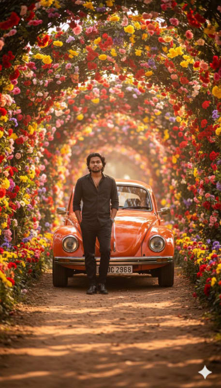 Stylish Man with Vintage VW Beetle in Floral Tunnel thumbnail 2
