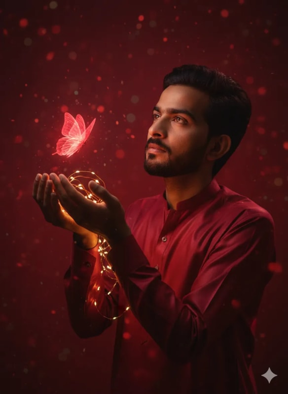 Dreamy Nocturnal Portrait of a Young Man with Fairy Lights - view 1