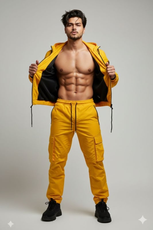 Fit Male Model in Yellow Techwear Tracksuit AI Prompt - view 1