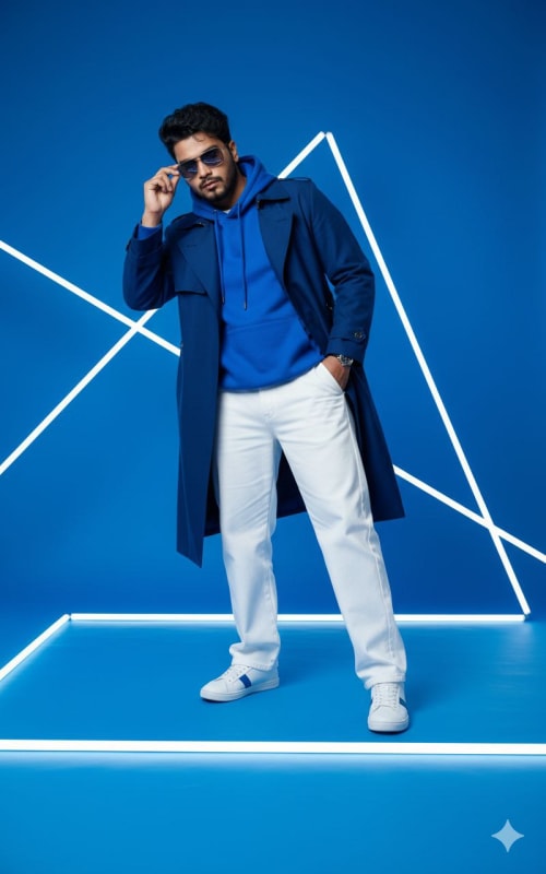 Monochromatic Blue Fashion Portrait with Geometric Neon Accents thumbnail 2