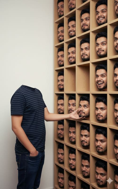 Surreal Headless Man and Cubby Shelf of Faces AI Art Prompt - view 1
