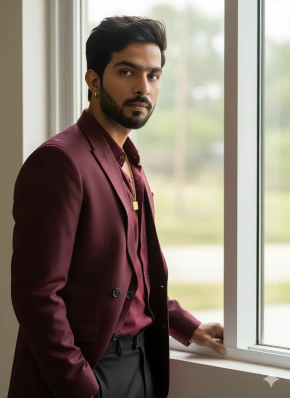 Stylish Pakistani Man Portrait in Maroon Suit - AI Generated - view 1