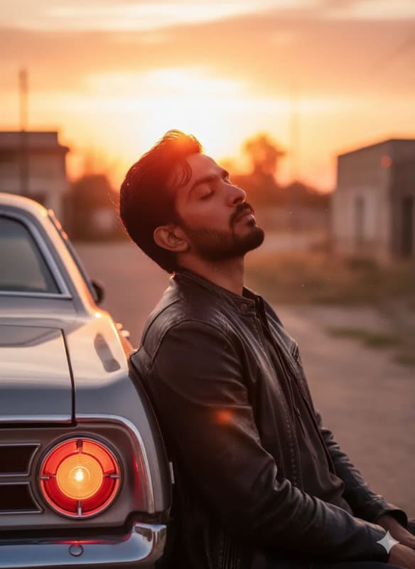 Melancholic Sunset Portrait with Classic Car thumbnail 2
