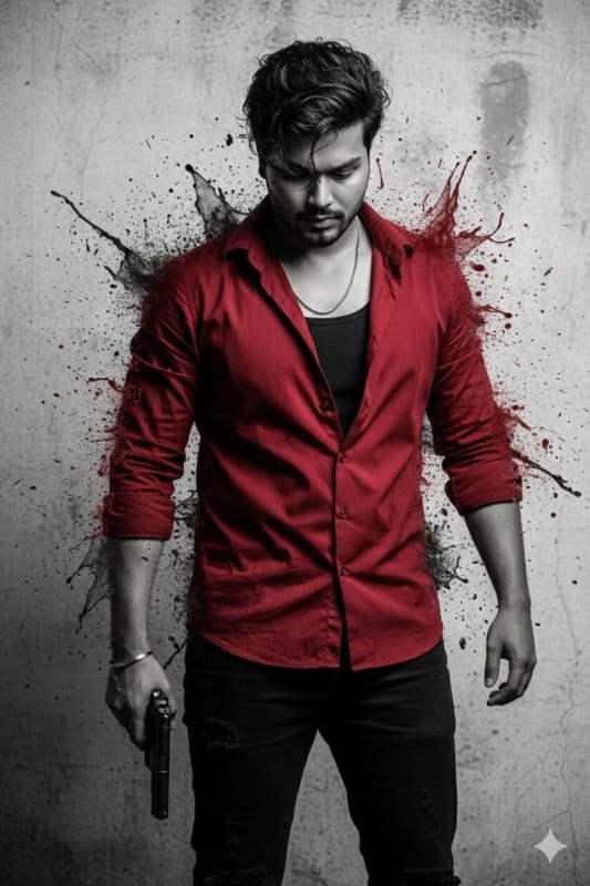 Gritty Action Portrait: Red Shirt, Ink Splatter Effect - view 1
