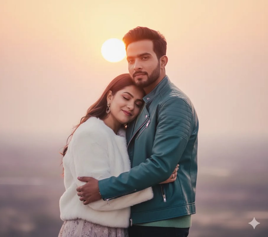Romantic Couple Portrait Under Golden Sky thumbnail 2