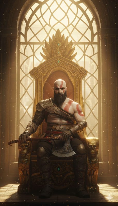 God of War Kratos Style Portrait on Golden Throne thumbnail 3