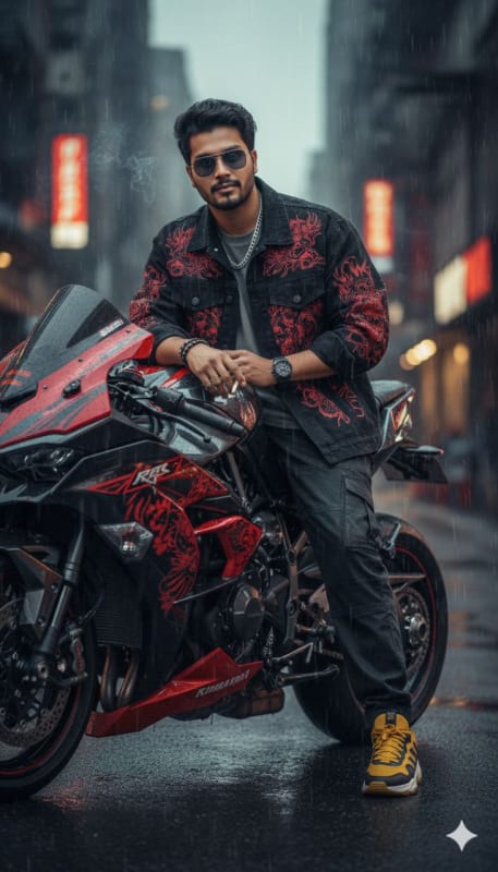 Stylish Young Man with Ninja H2R Motorcycle Portrait thumbnail 2