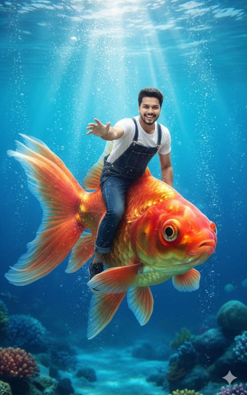 Man Riding Giant Goldfish Underwater - Realistic Fantasy - view 1