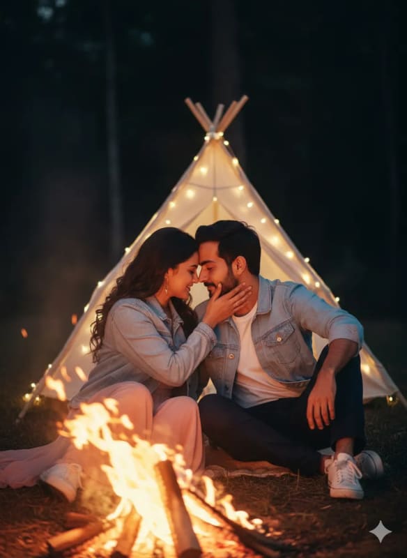 Romantic Bonfire Camping Scene with Young Couple thumbnail 2