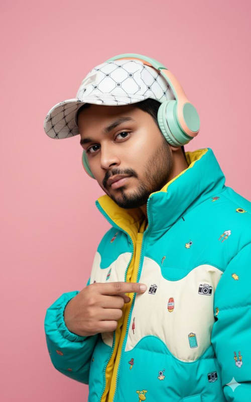 Turquoise Puffer Jacket Portrait: Fashion Editorial Style - view 1