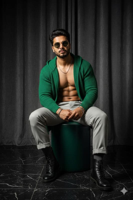 Emerald Green Fashion Portrait: Stylish Man in Studio Setting - view 1