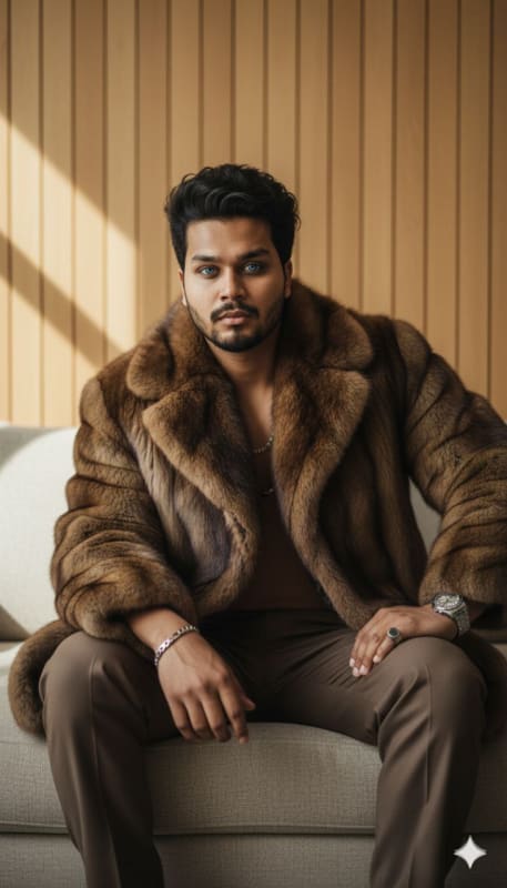 Cinematic Luxury Fashion Portrait: Man in Fur Coat - view 1