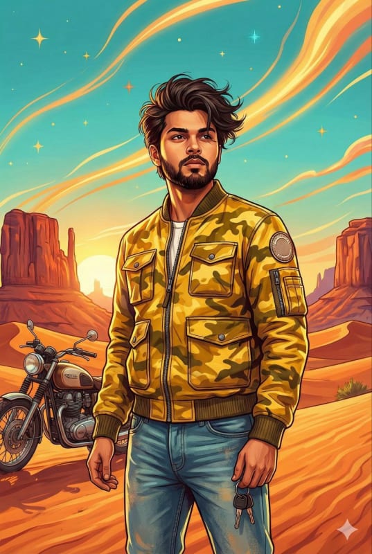 Dramatic Desert Portrait: Bearded Man with Motorcycle at Sunset - view 1