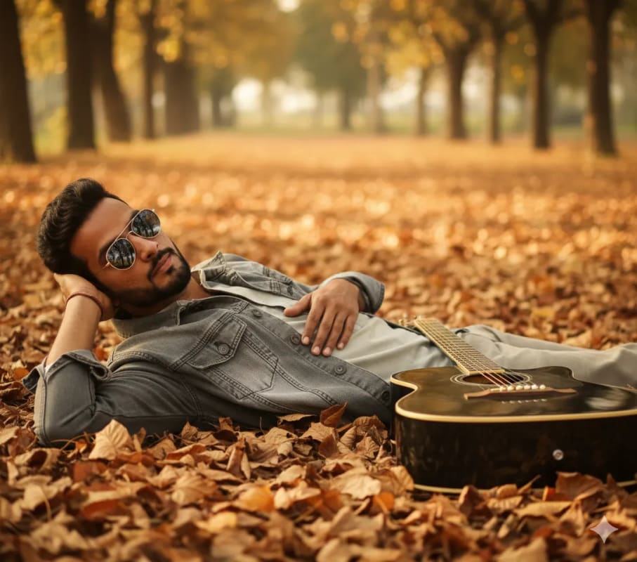 Autumn Portrait of a Man with Guitar in Leaves thumbnail 2
