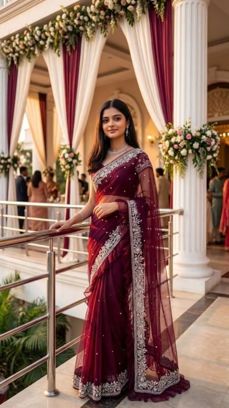 Elegant Woman in Wine Saree at Opulent Venue - view 1
