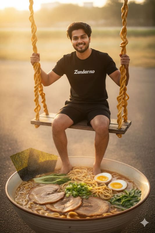 Young Man on Ramen Swing: Hyperrealistic Portrait Photography - view 1