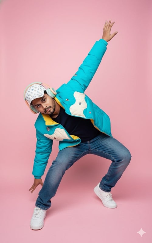 Turquoise Puffer Jacket Portrait: Fashion Editorial Style thumbnail 3