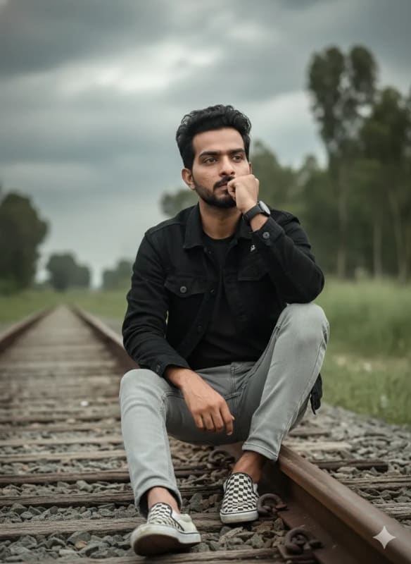 Introspective Young Man on Railway Tracks Portrait - view 1