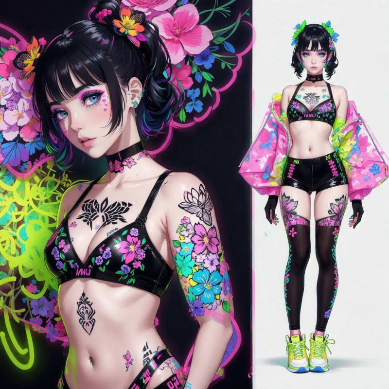 Neon Tattooed Woman Portrait: Hyperrealistic Body Art thumbnail 2