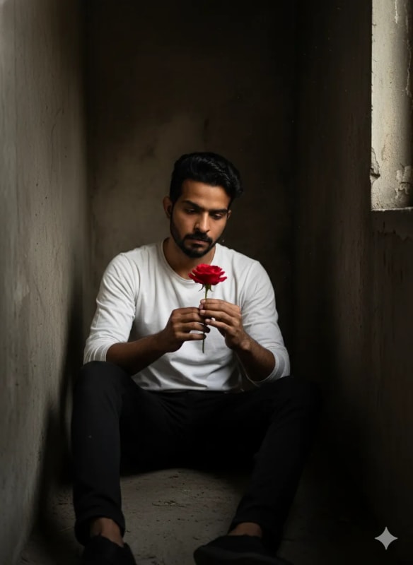 Pensive Man with Rose in Concrete Niche: Cinematic Portrait - view 1
