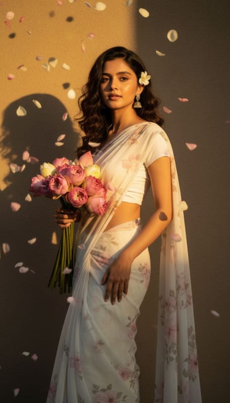 Retro 90s White Chiffon Saree Portrait thumbnail 3
