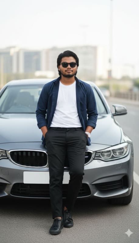 Stylish Man Leaning on Sedan thumbnail 2