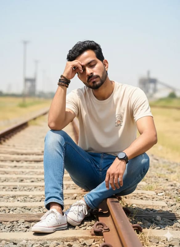 Thoughtful Young Man Portrait on Railway Tracks - view 1