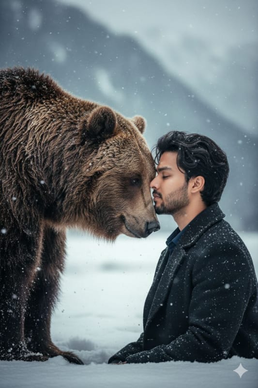 Man and Bear: A Moment of Connection in Winter - view 1