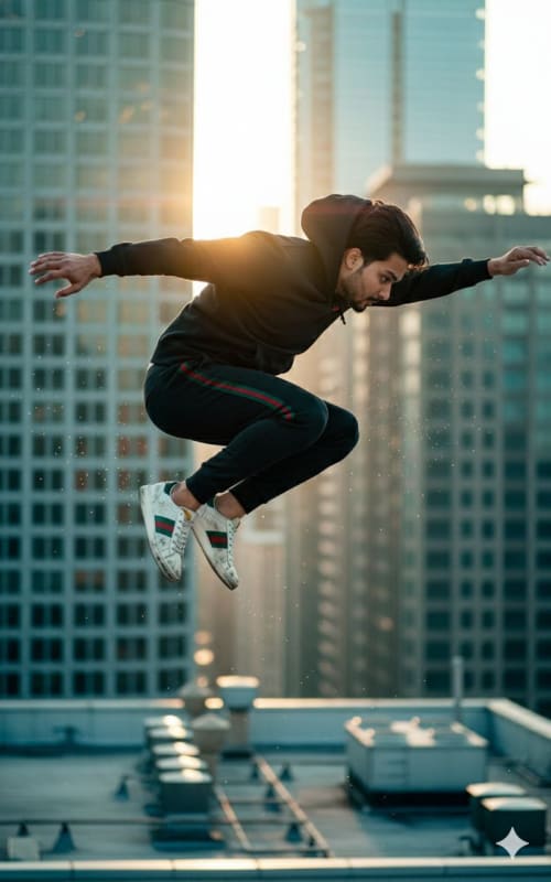 Dynamic Urban Leap: A Cinematic Action Scene - view 1