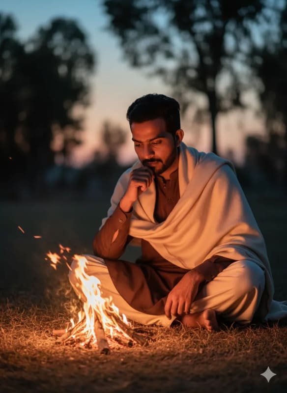 Contemplative Man by Fire: Warm Evening Scene - view 1