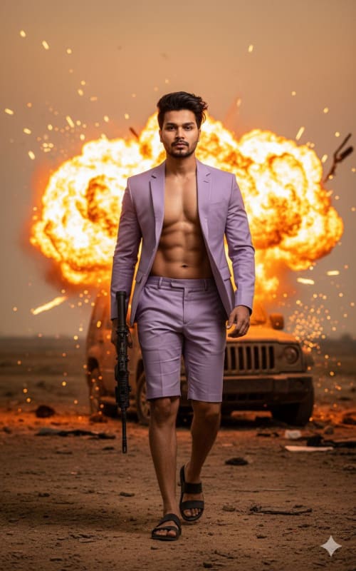 Stylish Action Hero in War Zone: AI Image Prompt - view 1