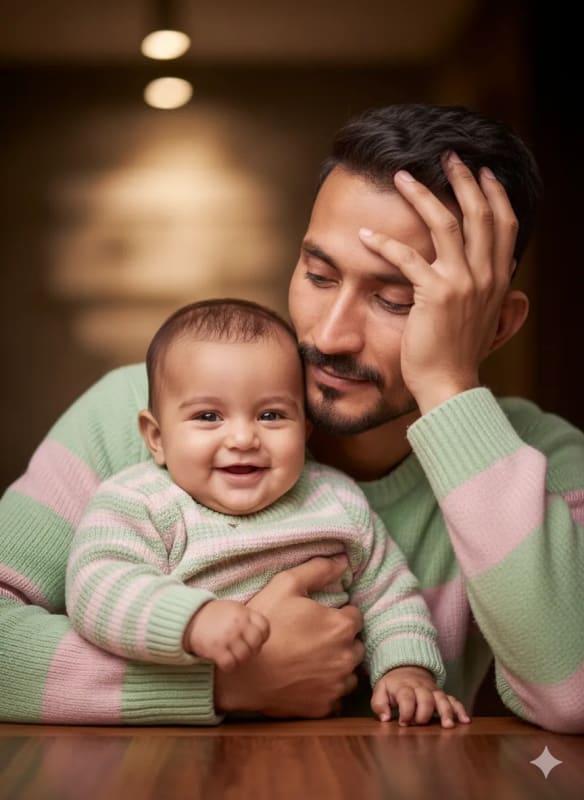 Father and Baby Portrait in Matching Sweaters: Hyper-Realistic AI Art thumbnail 3