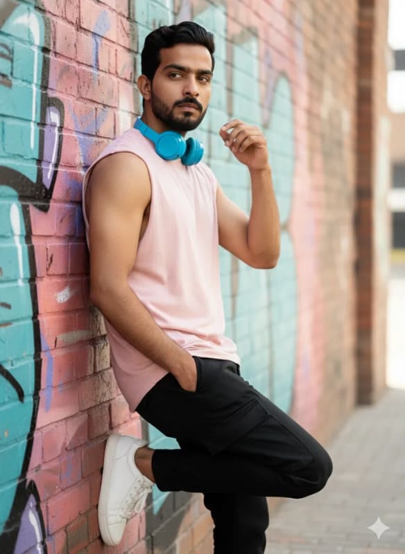 Urban Street Style Portrait: Young Man in Pink Tank Top thumbnail 2