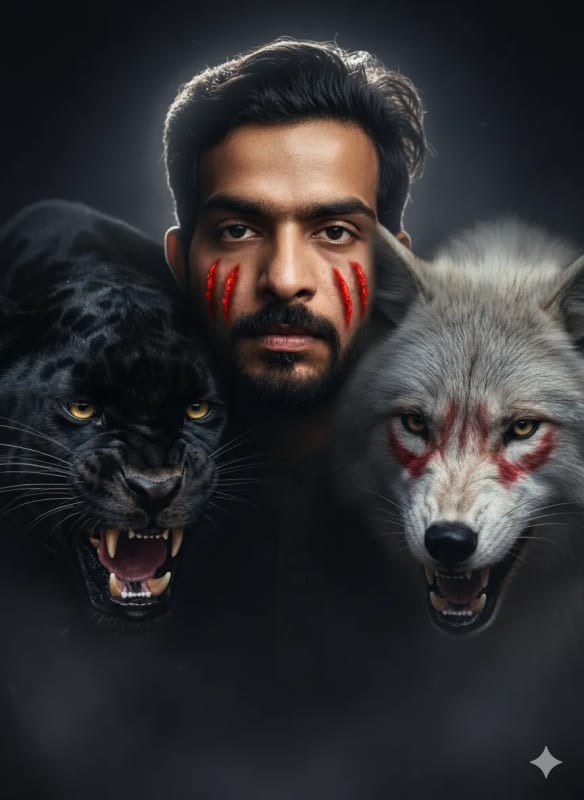 Striking Portrait with Scarred Face, Panther, and Wolf thumbnail 2